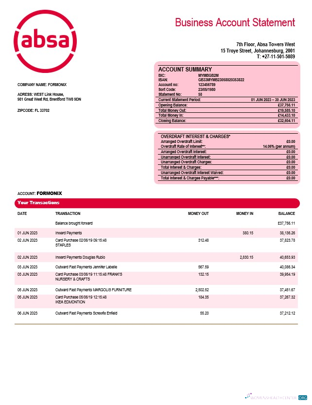 Download Absa Bank company checking account statement Word and PDF template Photoshop template